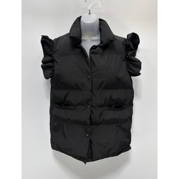 Bucket List Down Black Ruffle Sleeve Puffer Vest Collared Sleeveless Jacket XL - Picture 1 of 6